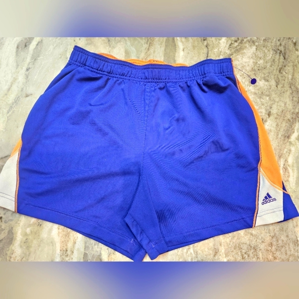 Adidas Men’s Medium Blue Orange White Athletic Training Shorts Logo Polyester